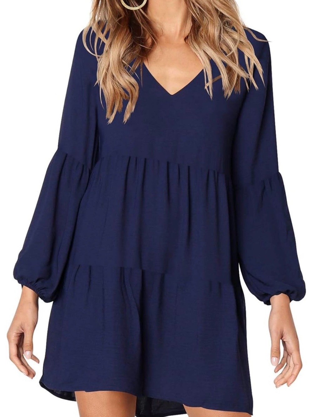 Long Sleeve V-Neck Tiered Mini Dress - Navy